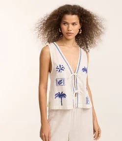 Saída de Praia Blusa em Voal Bordado de Palmeiras