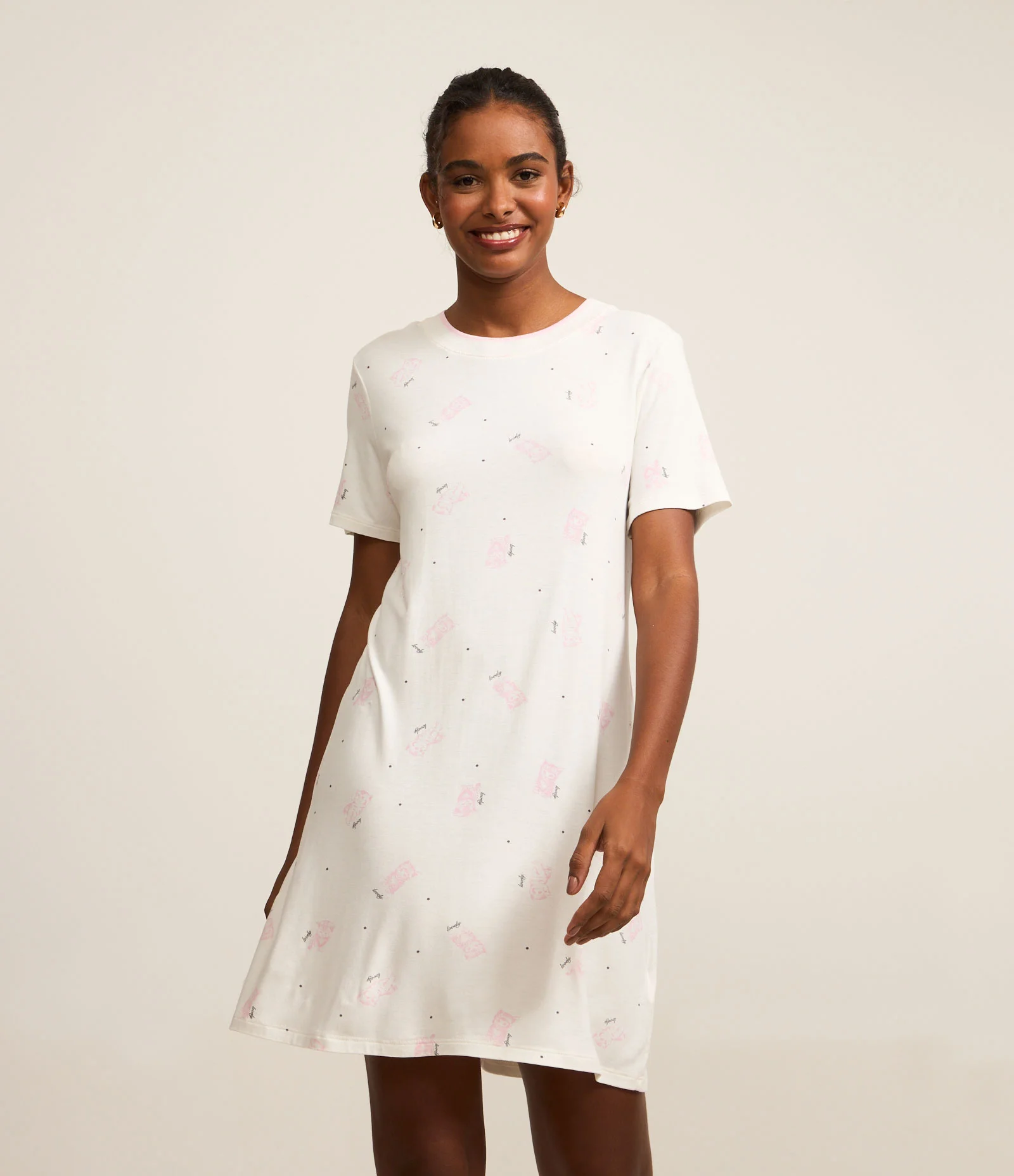 Camisola Curta em Viscose com Estampa de Gatinhos Lovely Branco 1