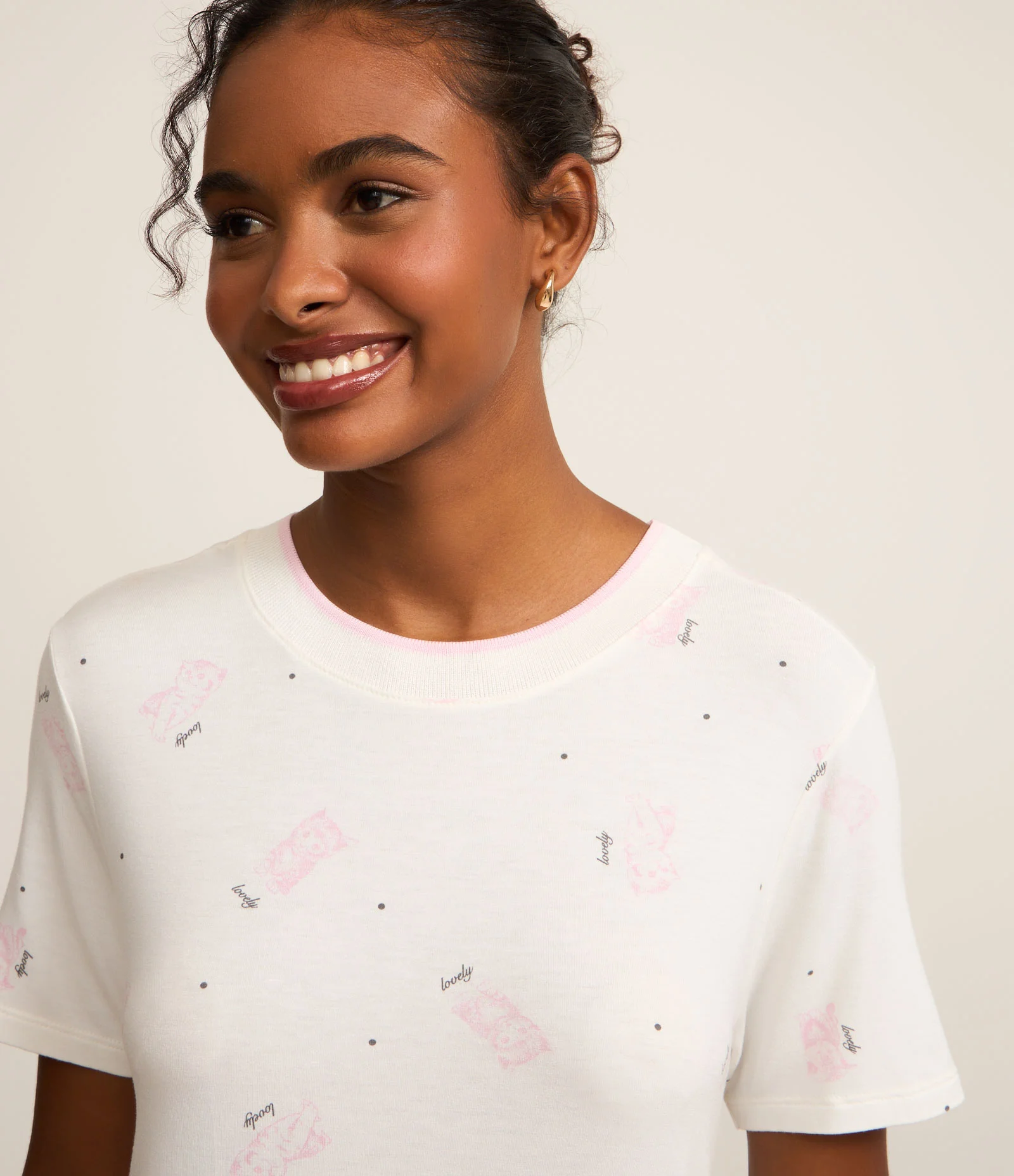 Camisola Curta em Viscose com Estampa de Gatinhos Lovely Branco 2