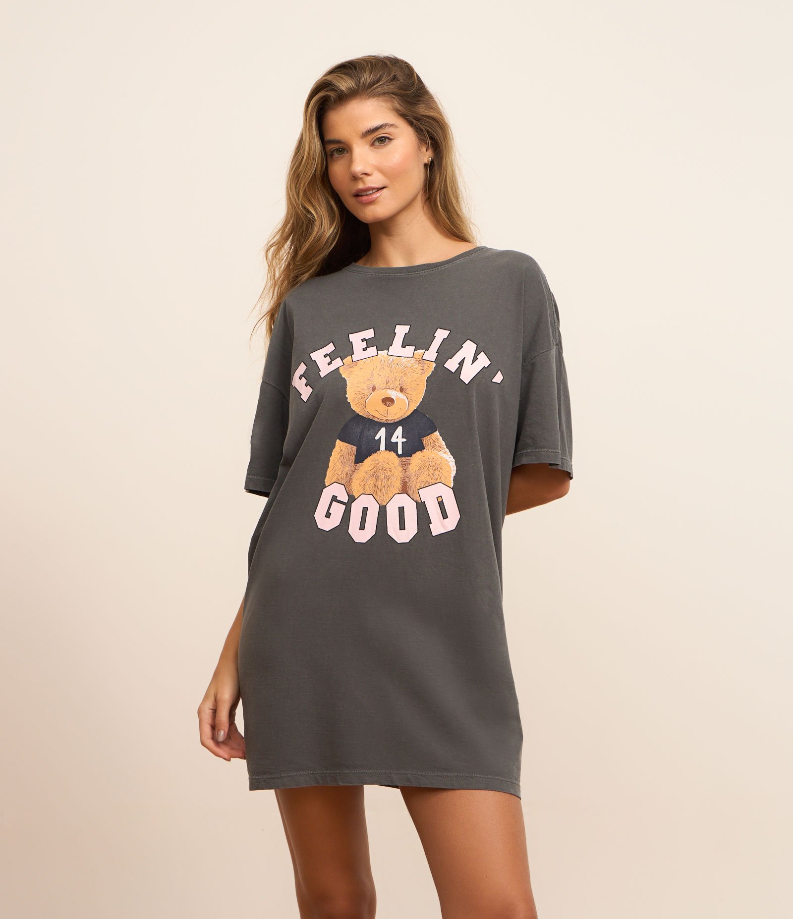 Camisola T-shirt em Algodão com Estampa Ursinho Feelin Good Cinza 2