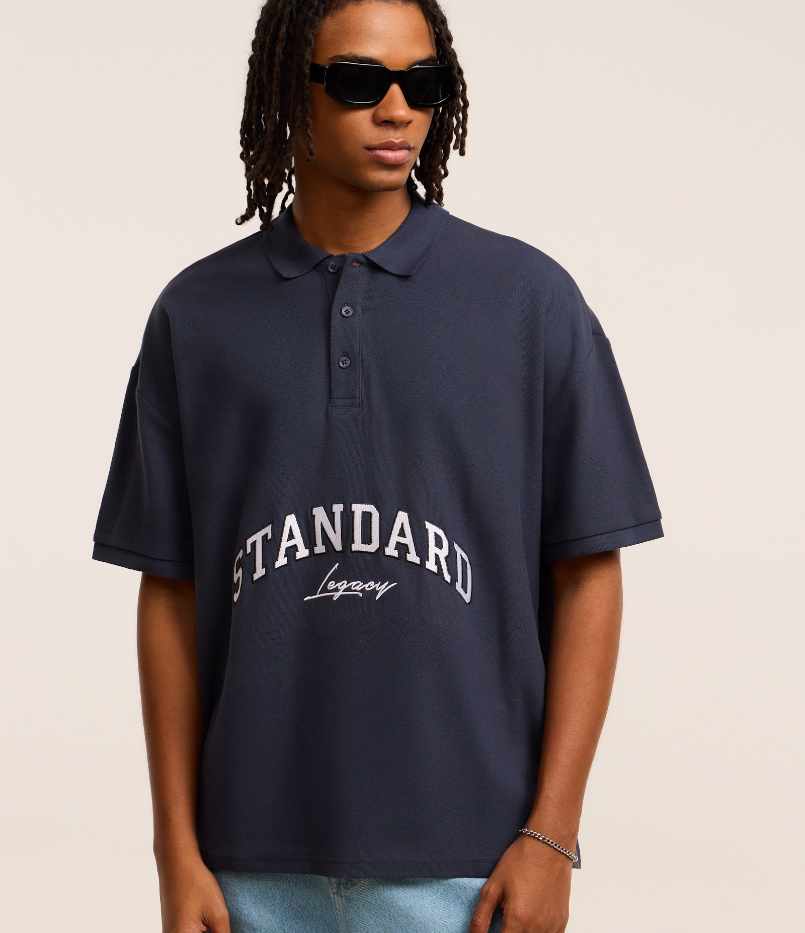 Camisa Polo Oversized em Algodão com Bordado Lettering e Cava Deslocada Azul 1