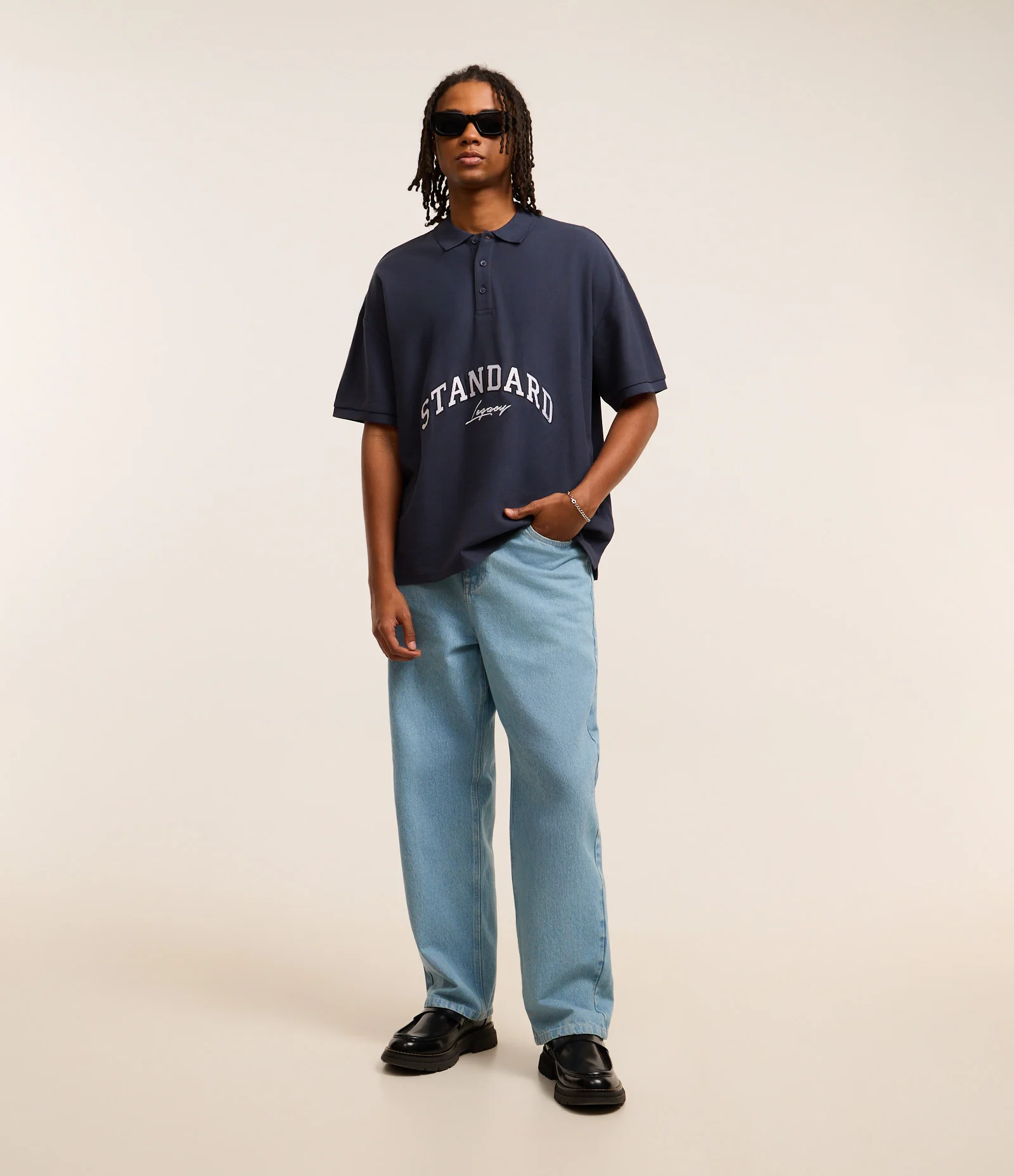 Camisa Polo Oversized em Algodão com Bordado Lettering e Cava Deslocada Azul 2