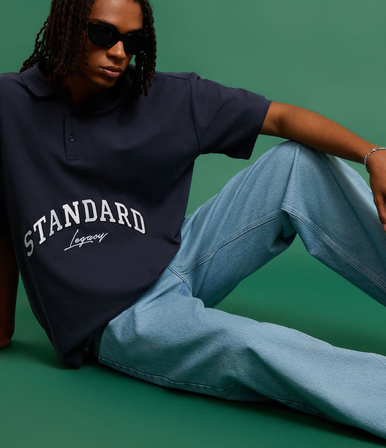 Camisa Polo Oversized em Algodão com Bordado Lettering e Cava Deslocada Azul 3