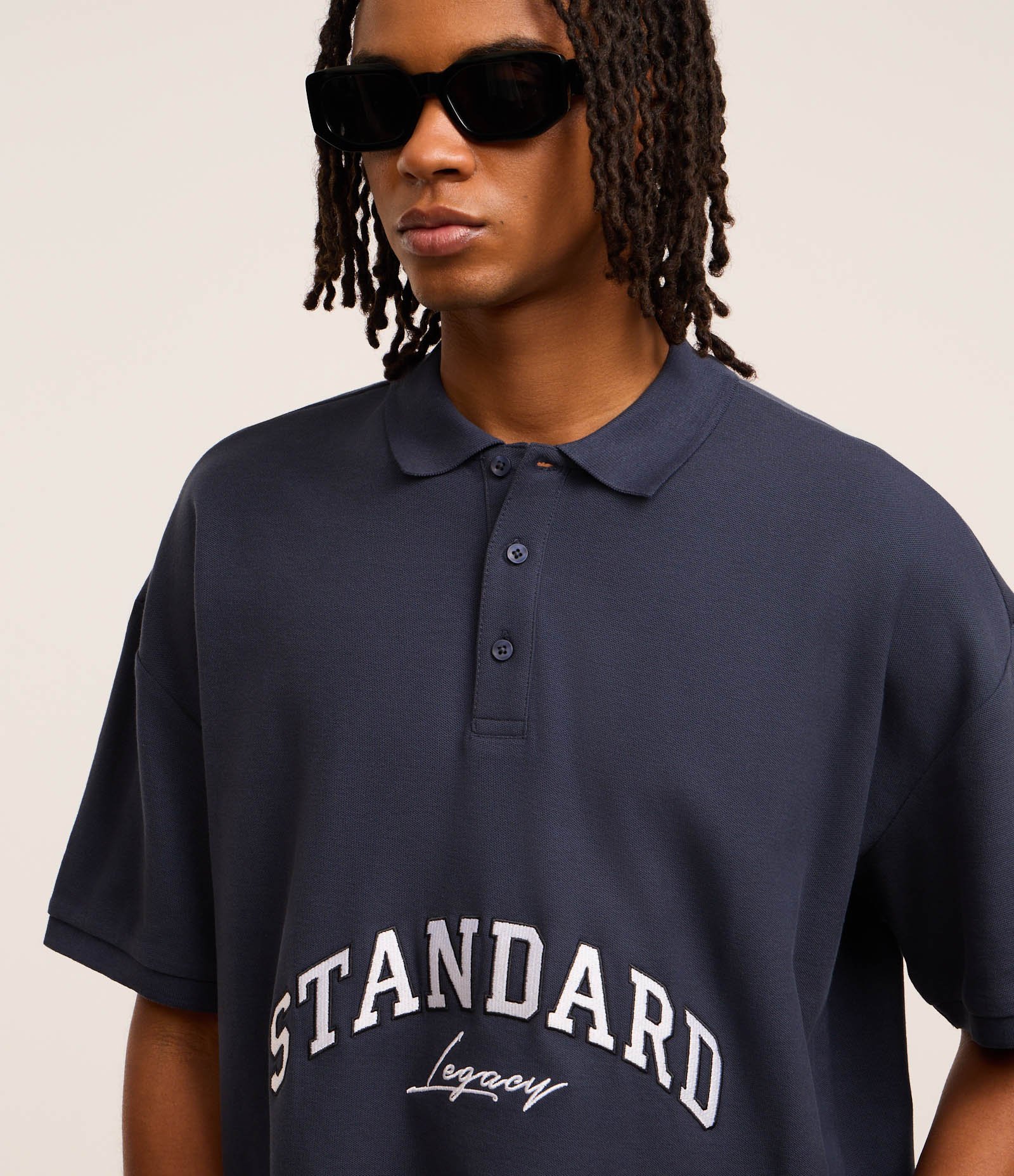 Camisa Polo Oversized em Algodão com Bordado Lettering e Cava Deslocada Azul 5