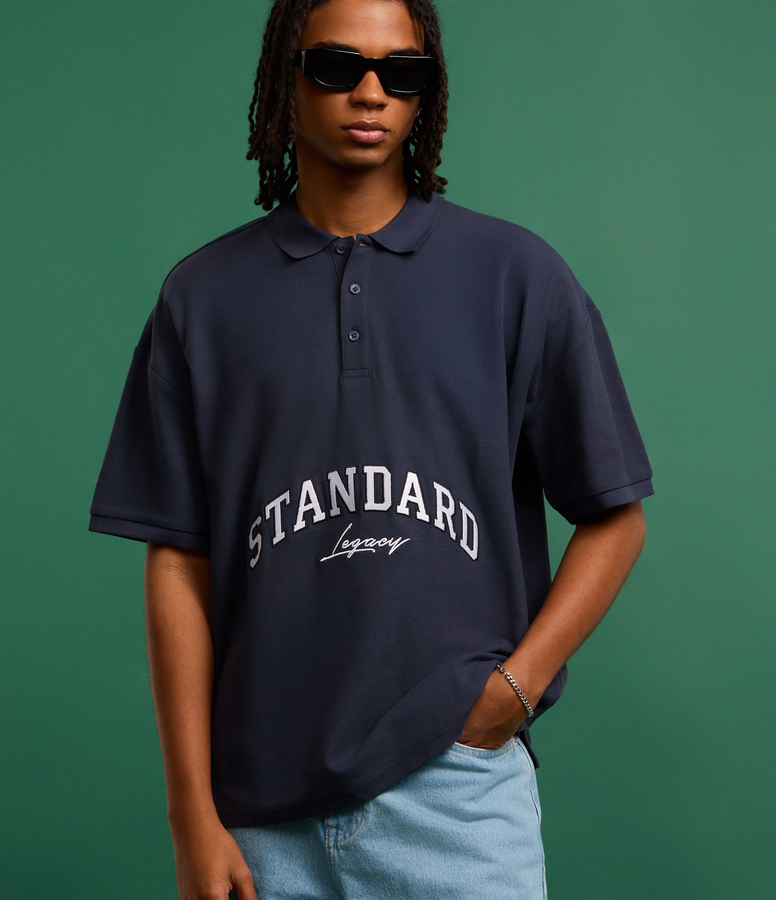 Camisa Polo Oversized em Algodão com Bordado Lettering e Cava Deslocada Azul 6