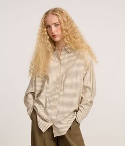 Camisa Alongada em Tricoline Listrada e Punho Largo