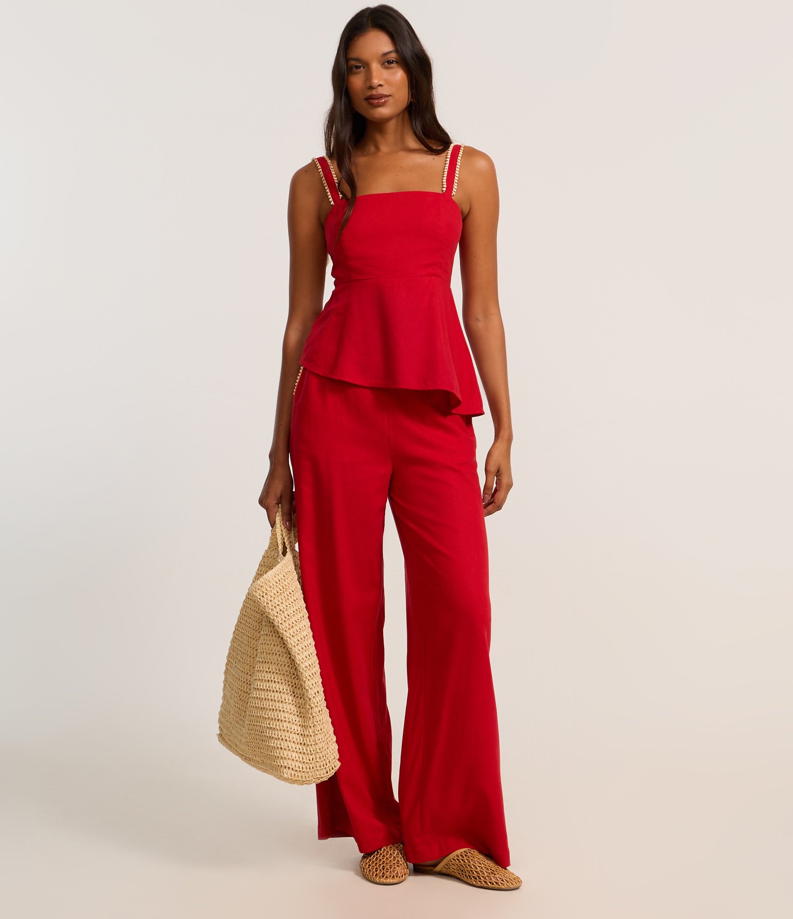 Blusa Peplum em Viscolinho com Decote Quadrado e Bolinhas na Alça Vermelho 2