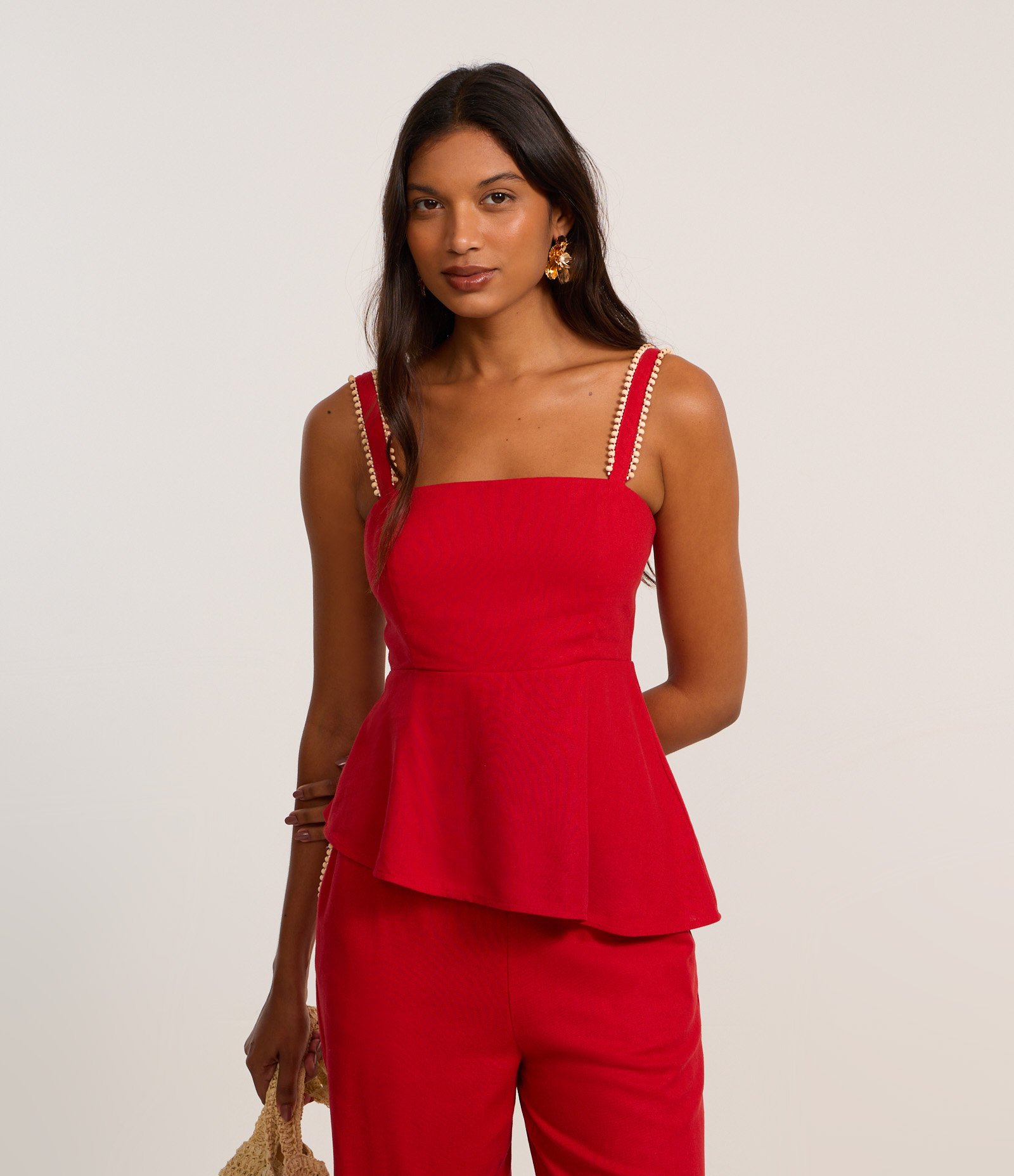 Blusa Peplum em Viscolinho com Decote Quadrado e Bolinhas na Alça Vermelho 3