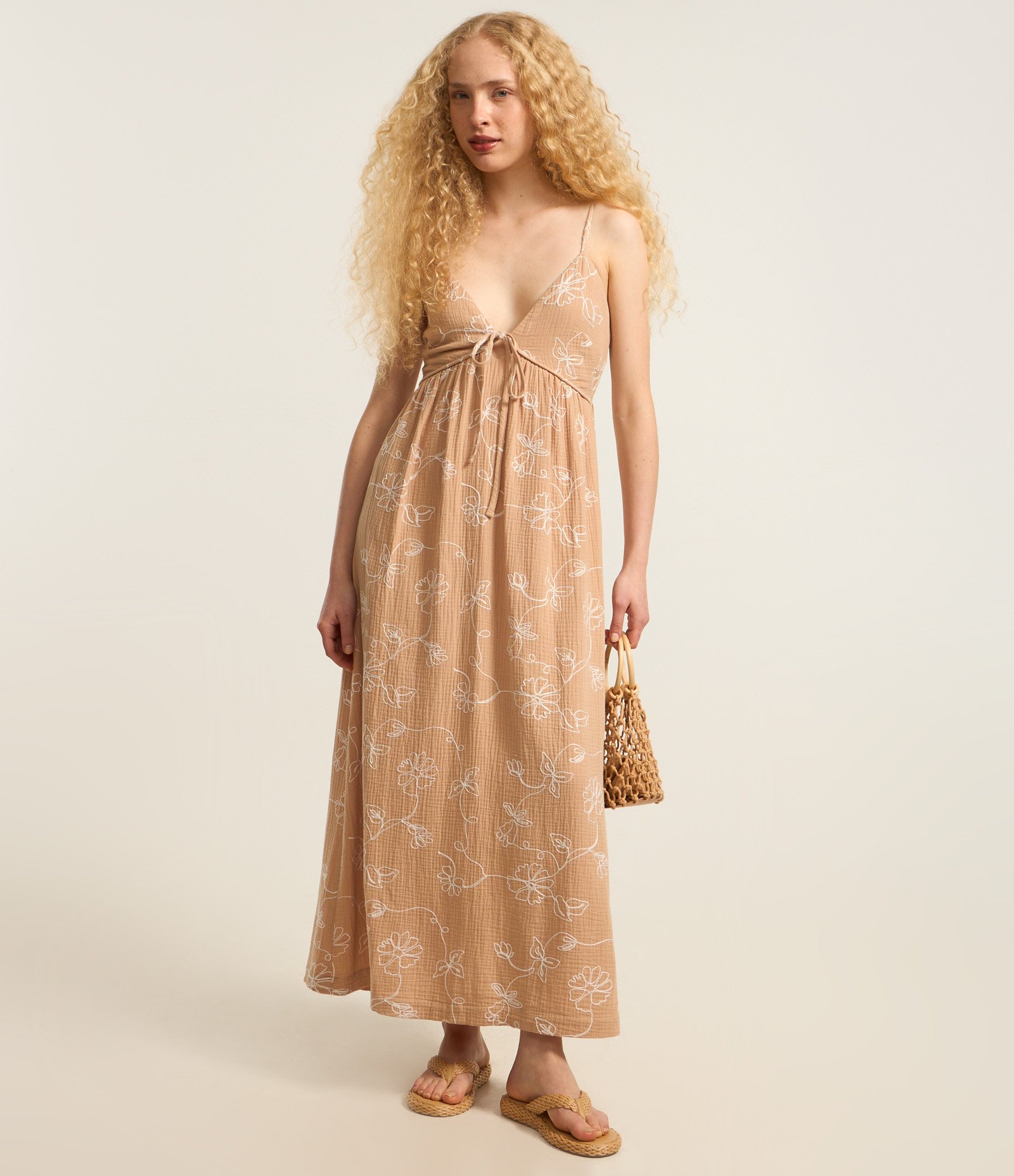 Vestido New Midi em Algodão com Bordado e Amarração Bege 1