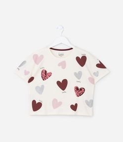 Camiseta Curta Infantil com Bordado Coração em Paetês - Tam 5 a 14 Anos