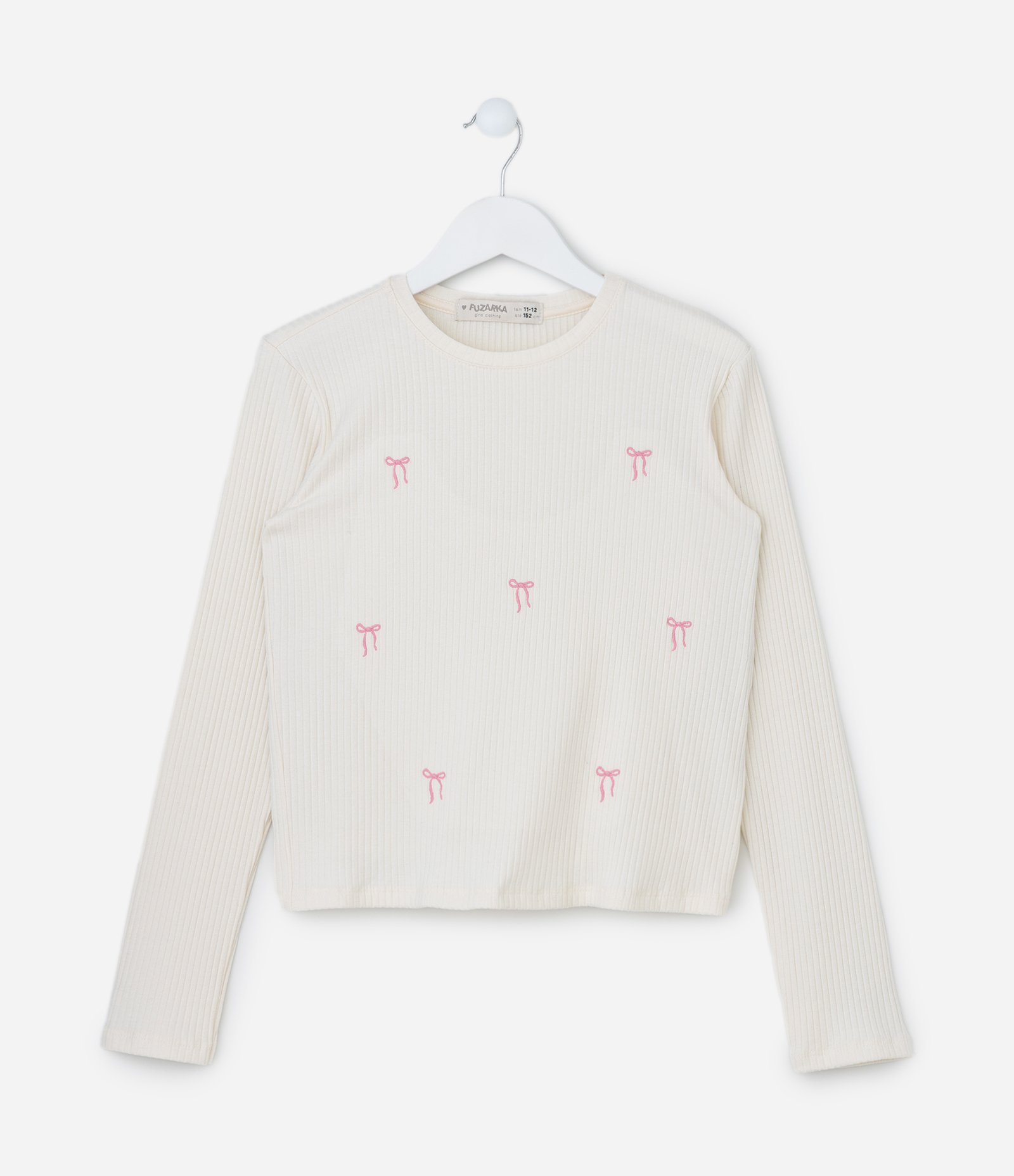 Blusa Infantil Canelada com Bordado de Mini Laços - Tam 5 a 14 anos Bege 1