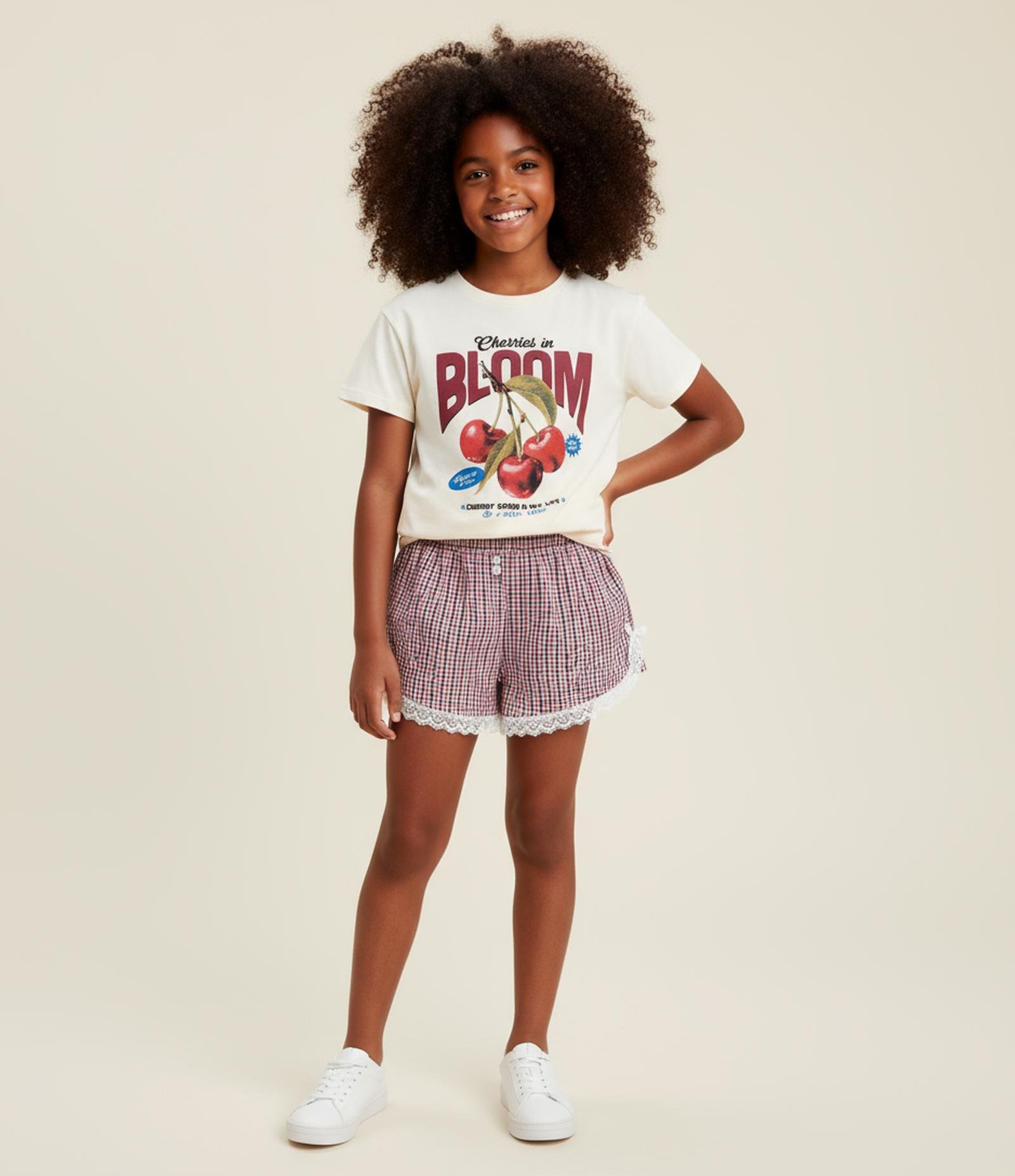 Short Inafntil com Rendinha e Estampa Xadrez - Tam 5 a 14 Anos Vermelho 1