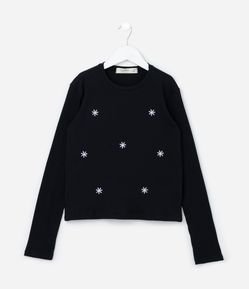 Camiseta Infantil Canelada com Bordado Margaridas - Tam 5 a 14 Anos