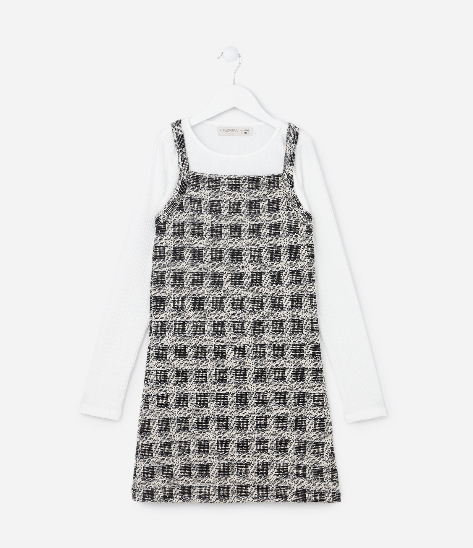 Vestido Infantil em Tweed com Sobreposição - Tam 5 a 14 Anos Preto/Branco 1