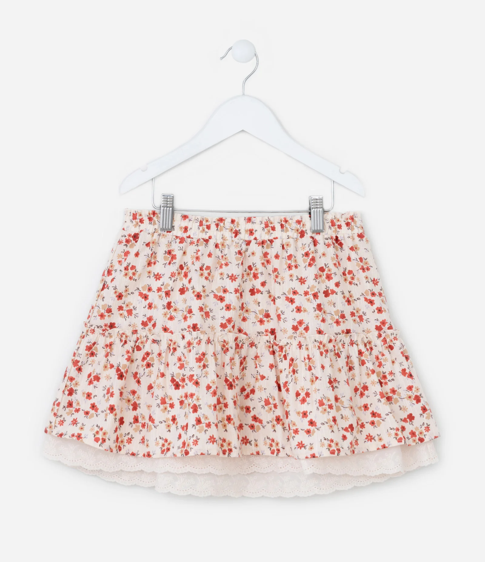 Saia Infantil com Rendinha e Estampa Floral - Tam 5 a 14 Anos Bege/Vermelho 2
