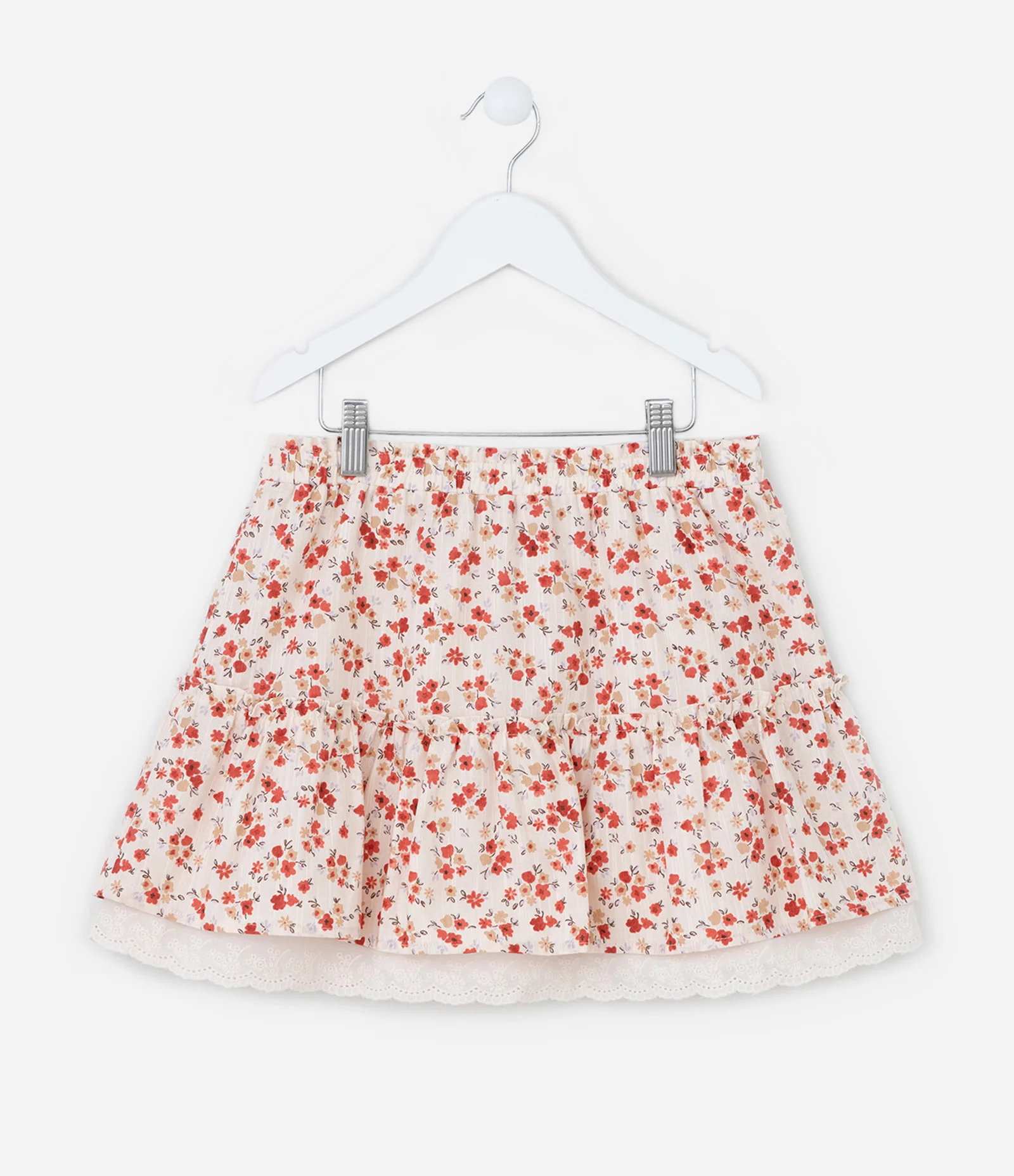 Saia Infantil com Rendinha e Estampa Floral - Tam 5 a 14 Anos Bege/Vermelho 3