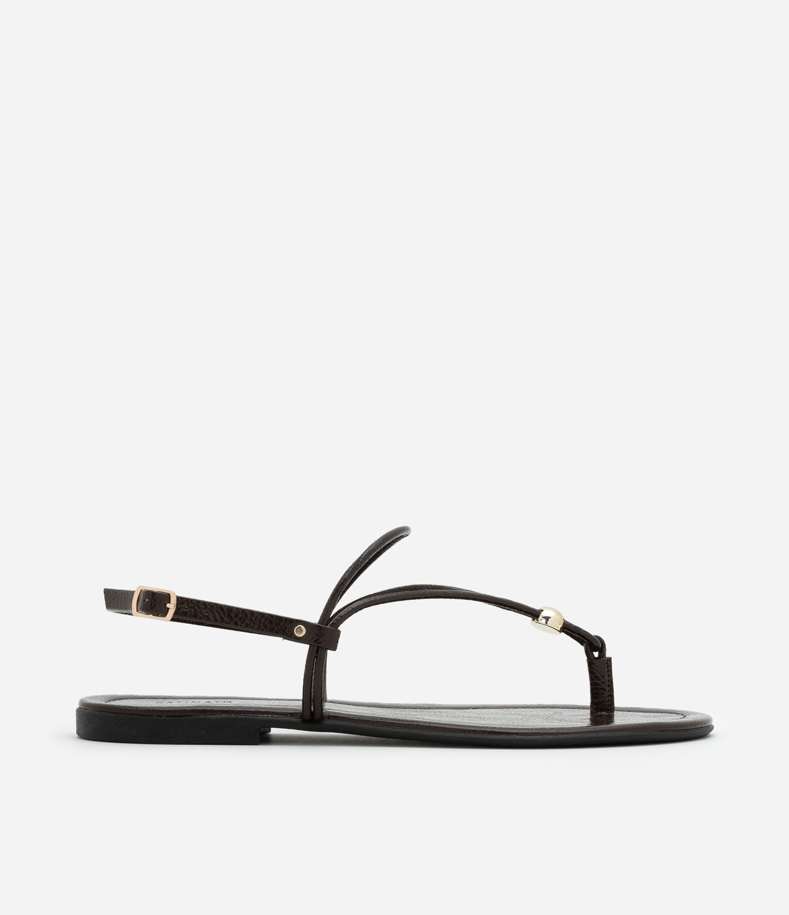 Rasteira em PU com Tiras Finas e Detalhe em Metal Marrom Escuro 1