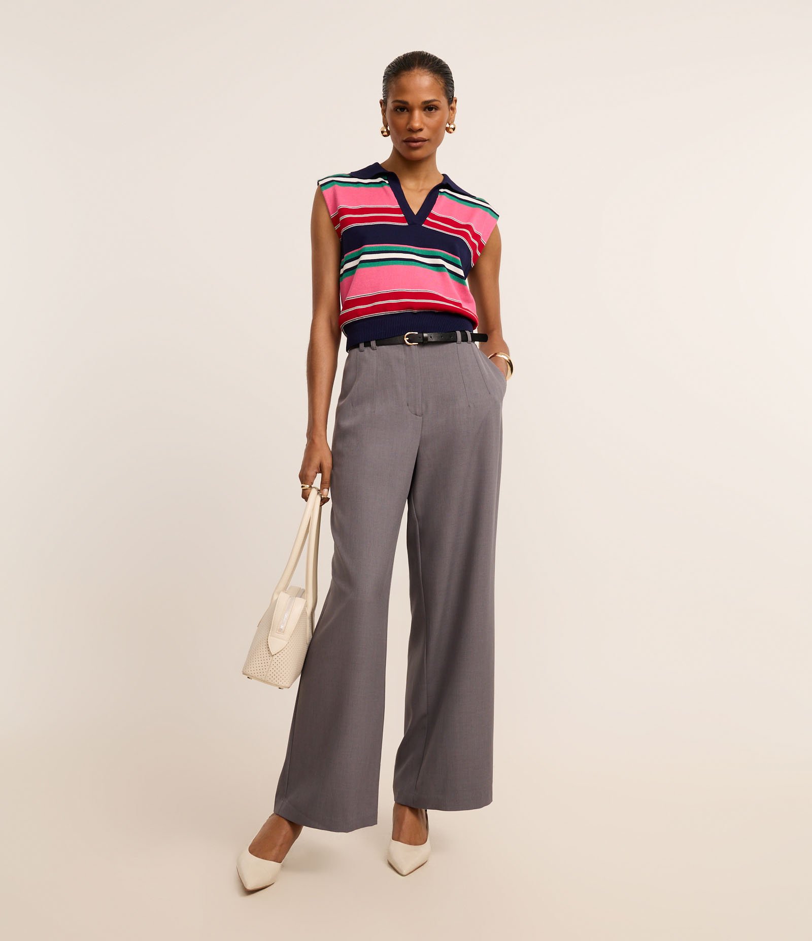 Calça Wide Leg Alfaiatada Cintura Alta com Cinto Fino de PU Cinza 1