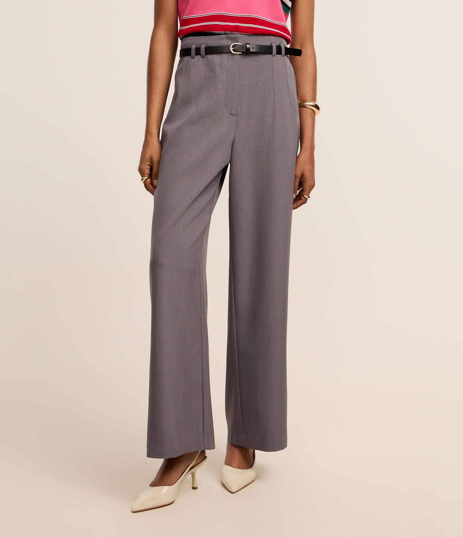 Calça Wide Leg Alfaiatada Cintura Alta com Cinto Fino de PU Cinza 3