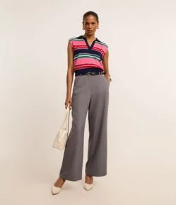 Calça Wide Leg Alfaiatada Cintura Alta com Cinto Fino de PU