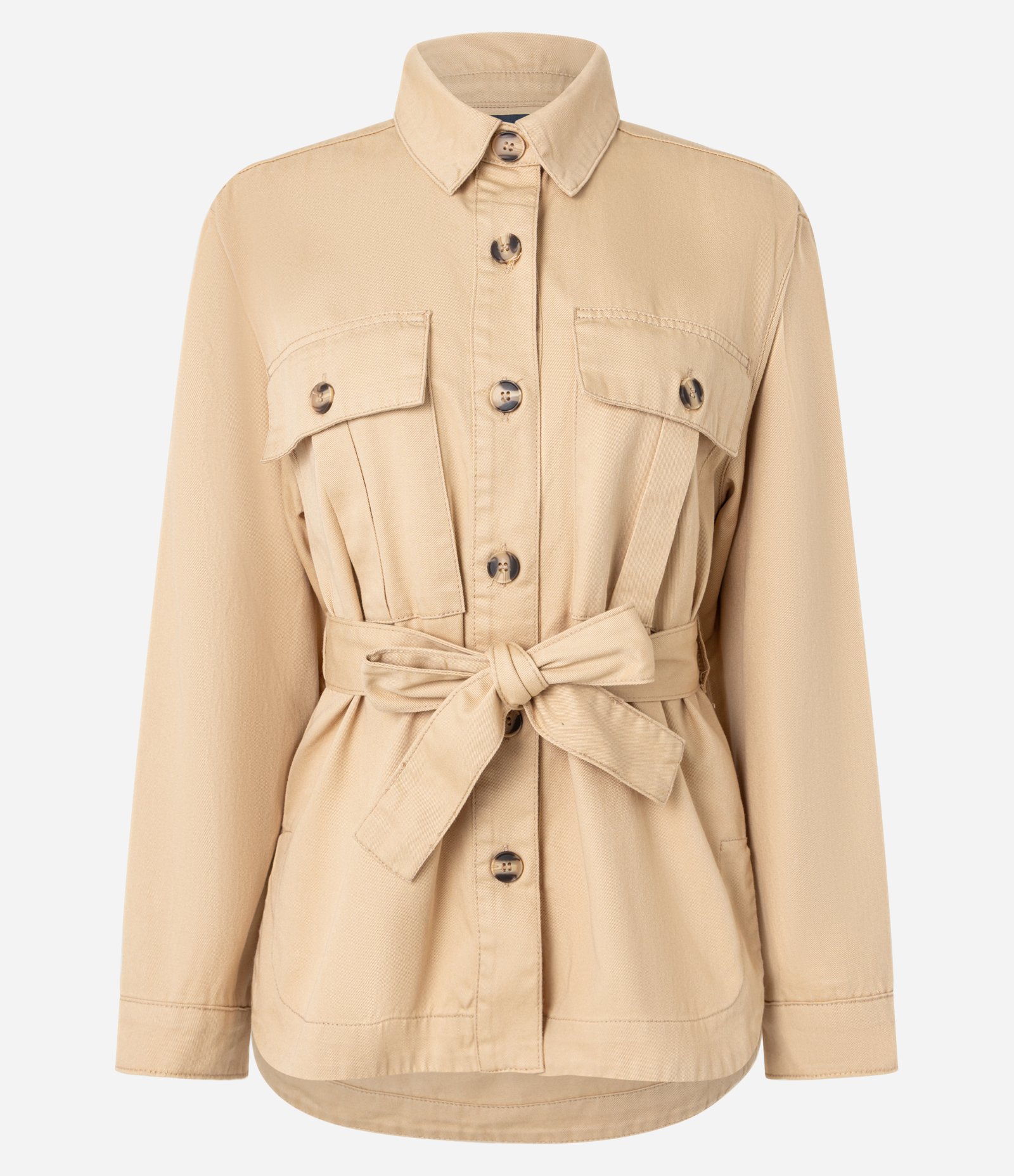 Jaqueta Trench Coat em Sarja com Bolsos e Amarração na Cintura Bege 5