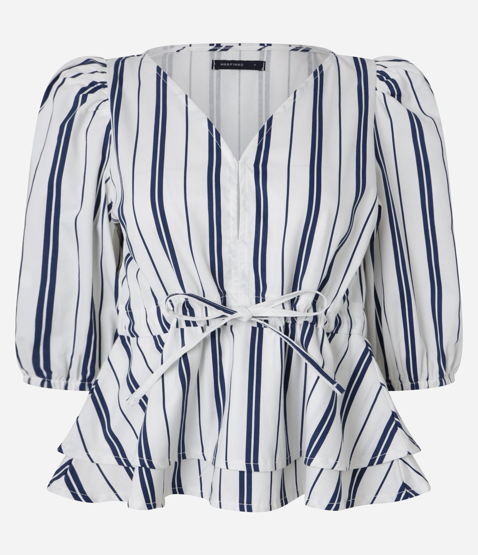 Blusa em Sarja com Manga Bufante com Amarração na Cintura Branco 6