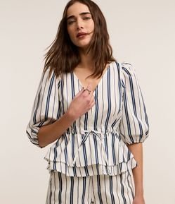 Blusa em Sarja com Manga Bufante com Amarração na Cintura