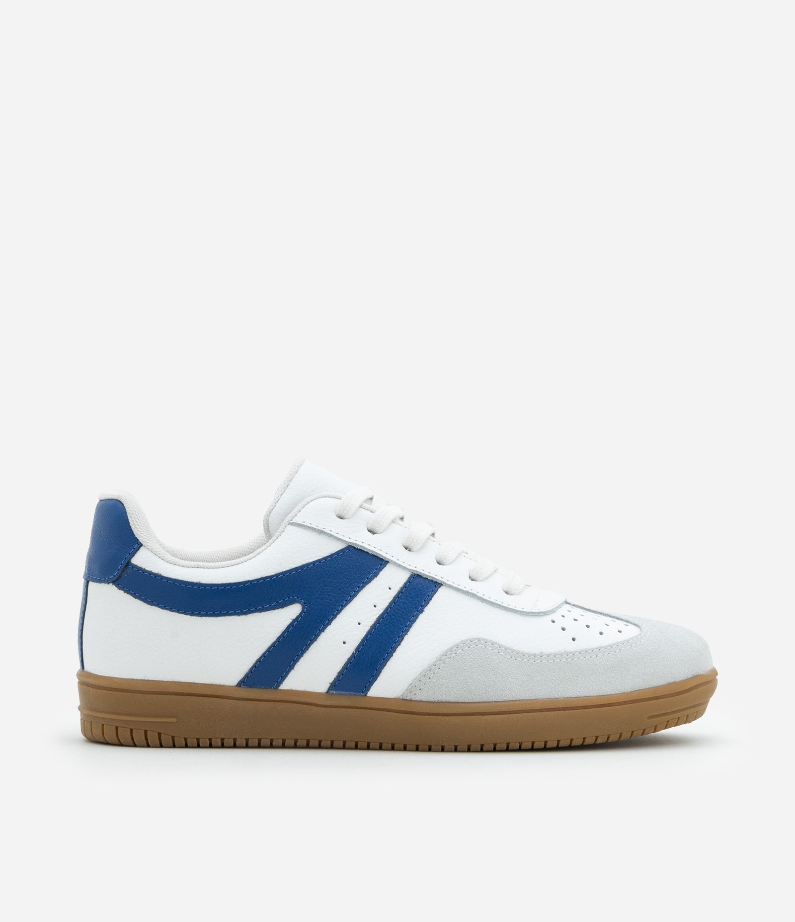 Tênis Chuteira em Couro Texturizado com Detalhes Contrastantes Branco/ Azul 1