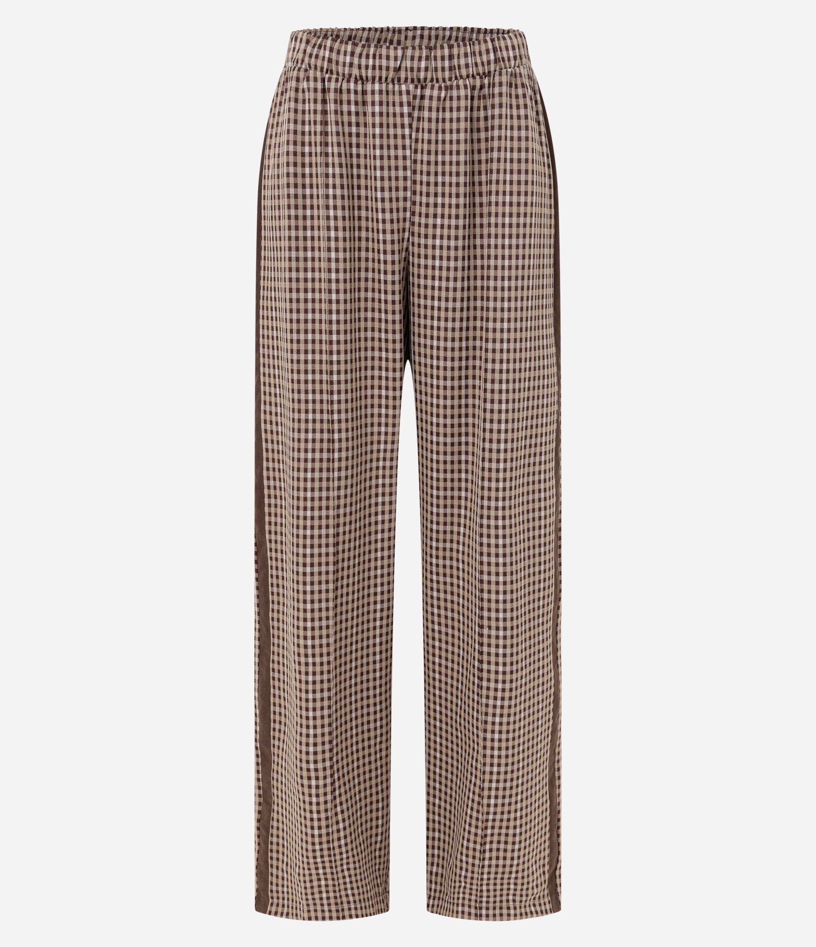 Calça Reta em Alfaiataria Xadrez e Detalhe Contrastante na lateral Marrom 8