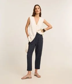 Calça Fluida Cintura Alta em Crepe com Estampa Geométrica