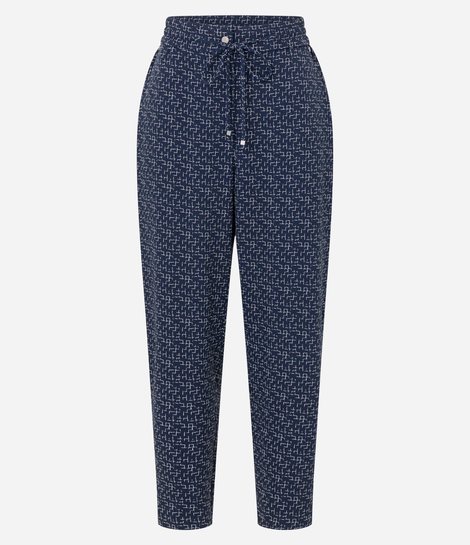 Calça Fluida Cintura Alta em Crepe com Estampa Geométrica Azul Escuro 5