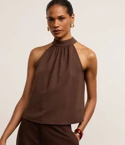 Blusa Frente Única em Crepe com Amarração na Gola Alta