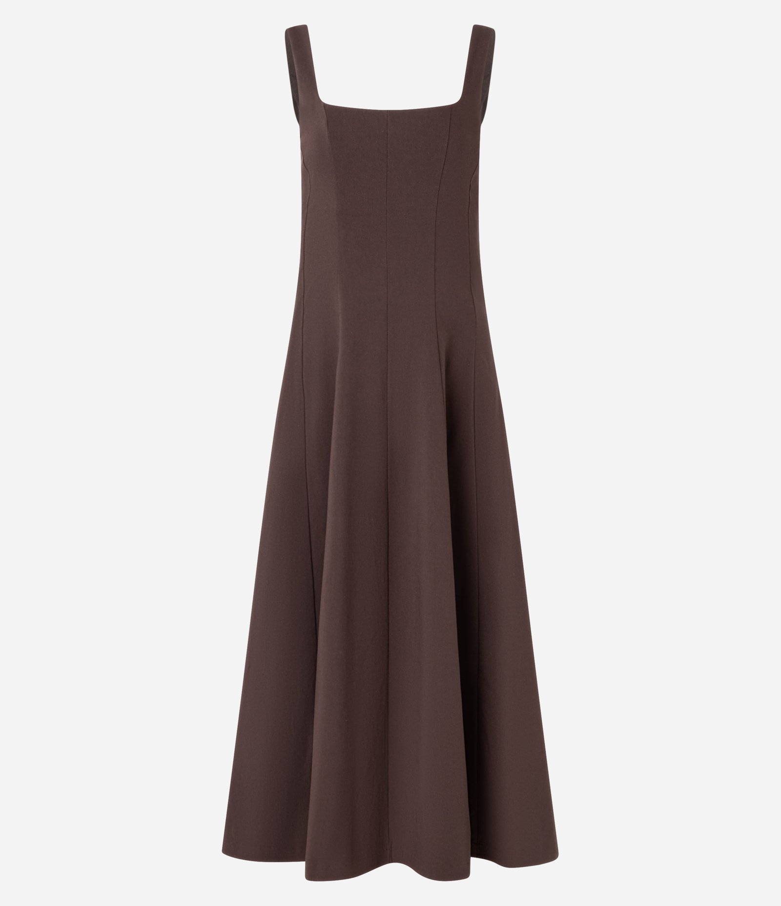 Vestido Evasê Midi em Viscose com Decote Quadrado e Recortes Marrom 5