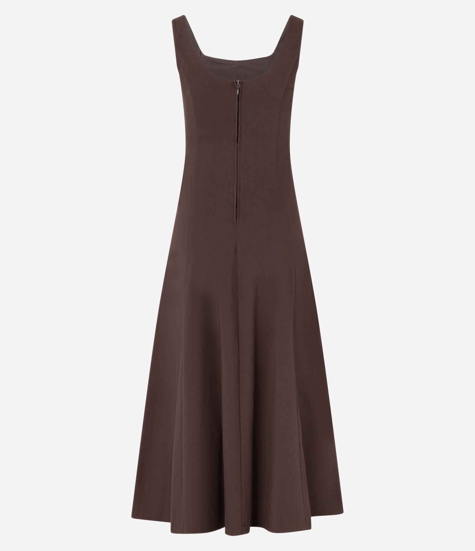 Vestido Evasê Midi em Viscose com Decote Quadrado e Recortes Marrom 6