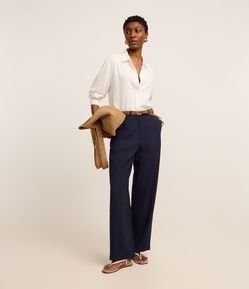 Calça Boho Reta Cintura Alta em Viscose com Frisos