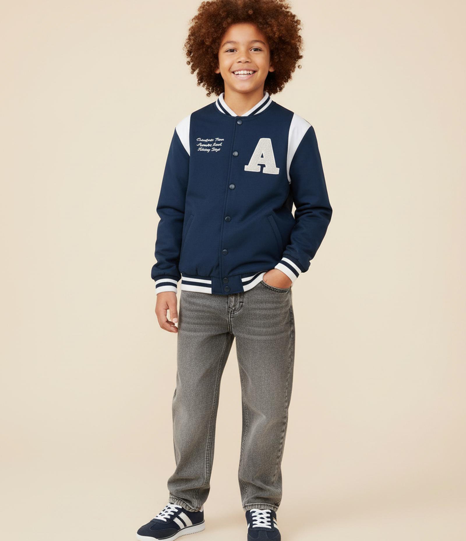 Jaqueta College Bomber Infantil com Estampa Lettering - Tam 5 A 14 Anos Azul 1