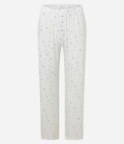 Pijama Longo em Ribana com Estampa Floral e Detalhe de Flor na Gola