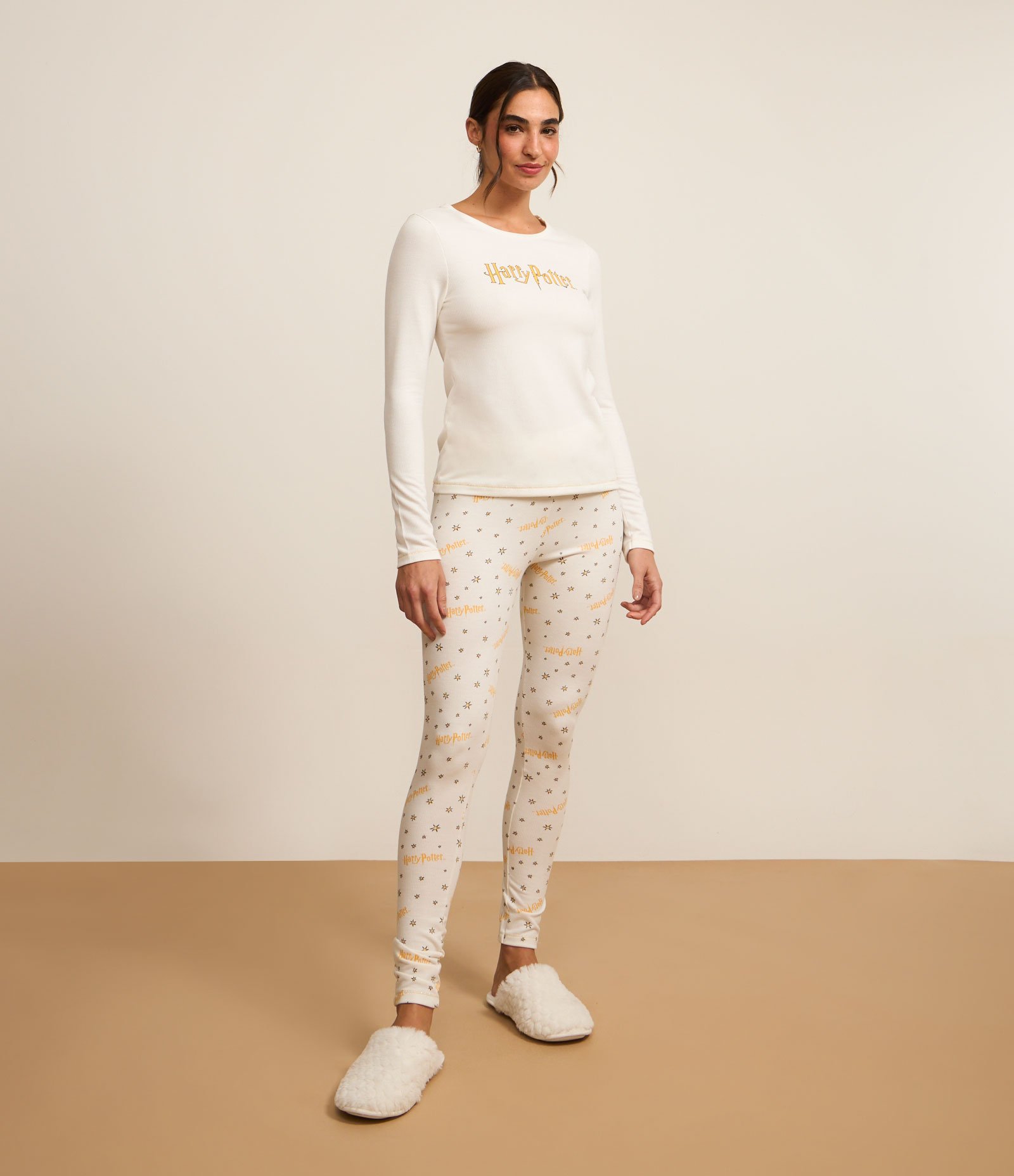 Pijama Longo em Ribana com Estampa Harry Potter Branco 1