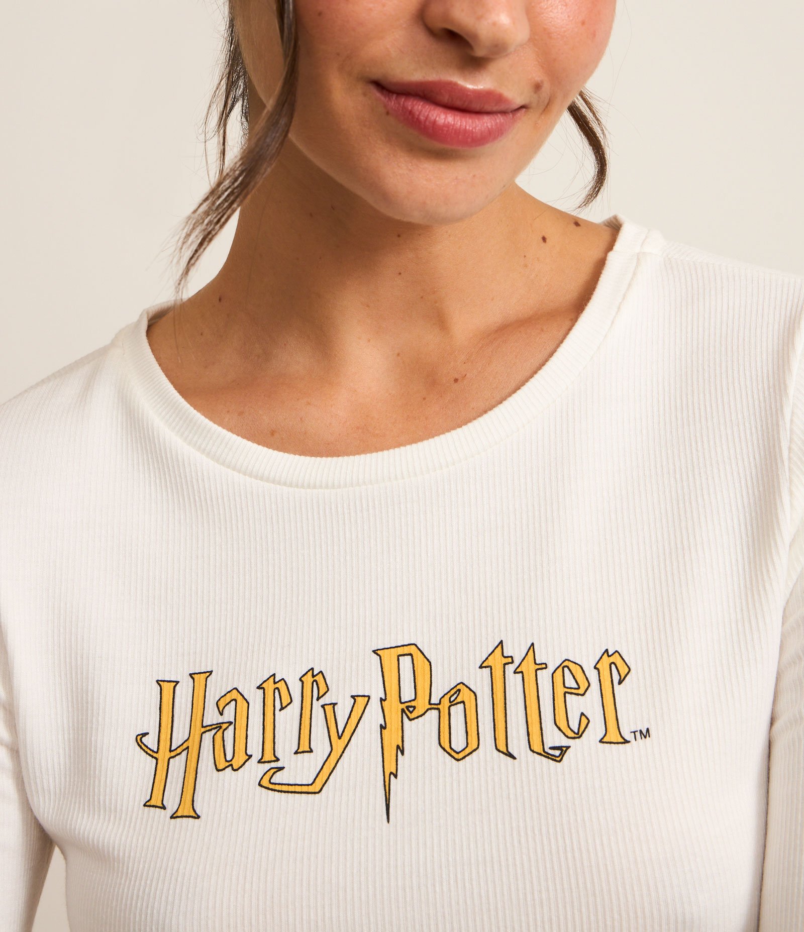 Pijama Longo em Ribana com Estampa Harry Potter Branco 2
