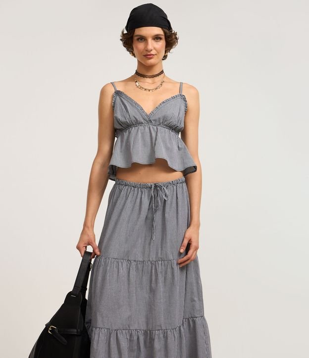 Saia Midi em Tricoline Estampado com Estampa Xadrez Vichy