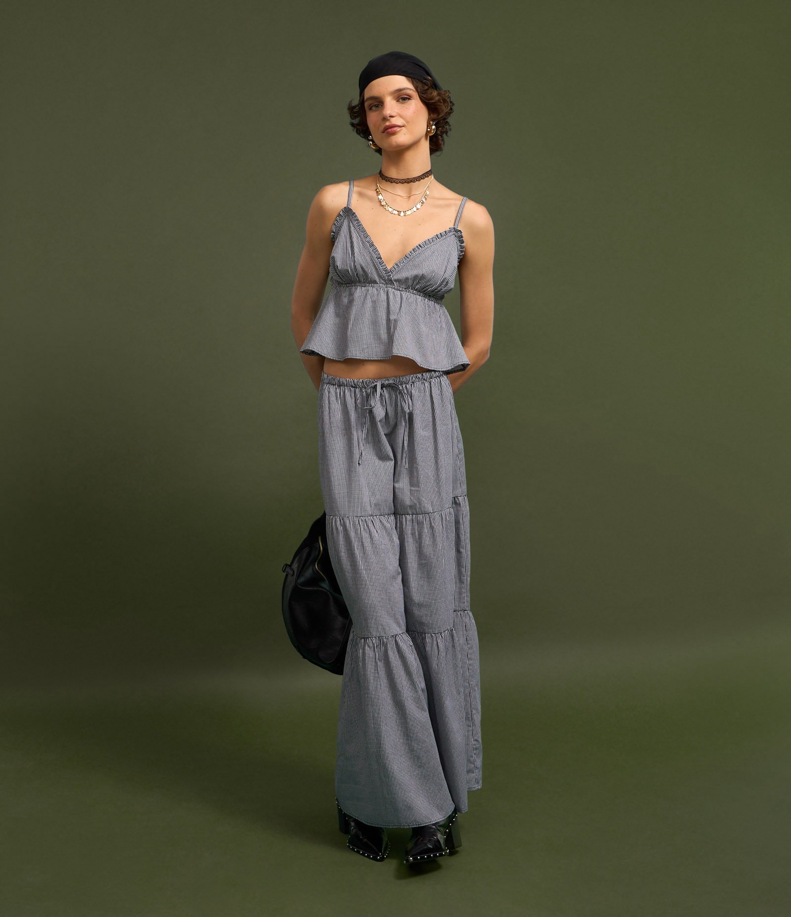 Saia Midi em Tricoline Estampado com Estampa Xadrez Vichy Preto/ Branco 5