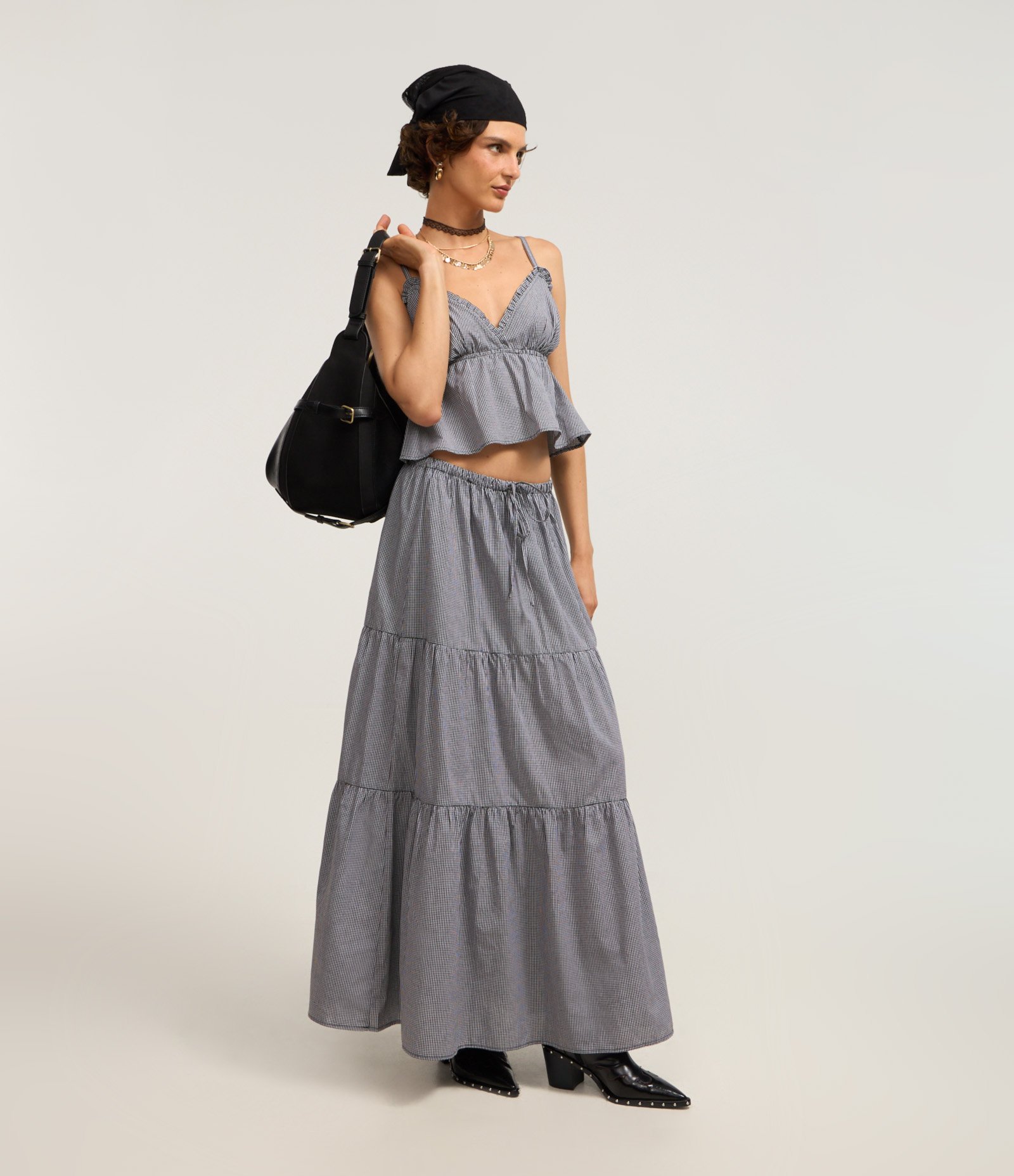 Saia Midi em Tricoline Estampado com Estampa Xadrez Vichy Preto/ Branco 1