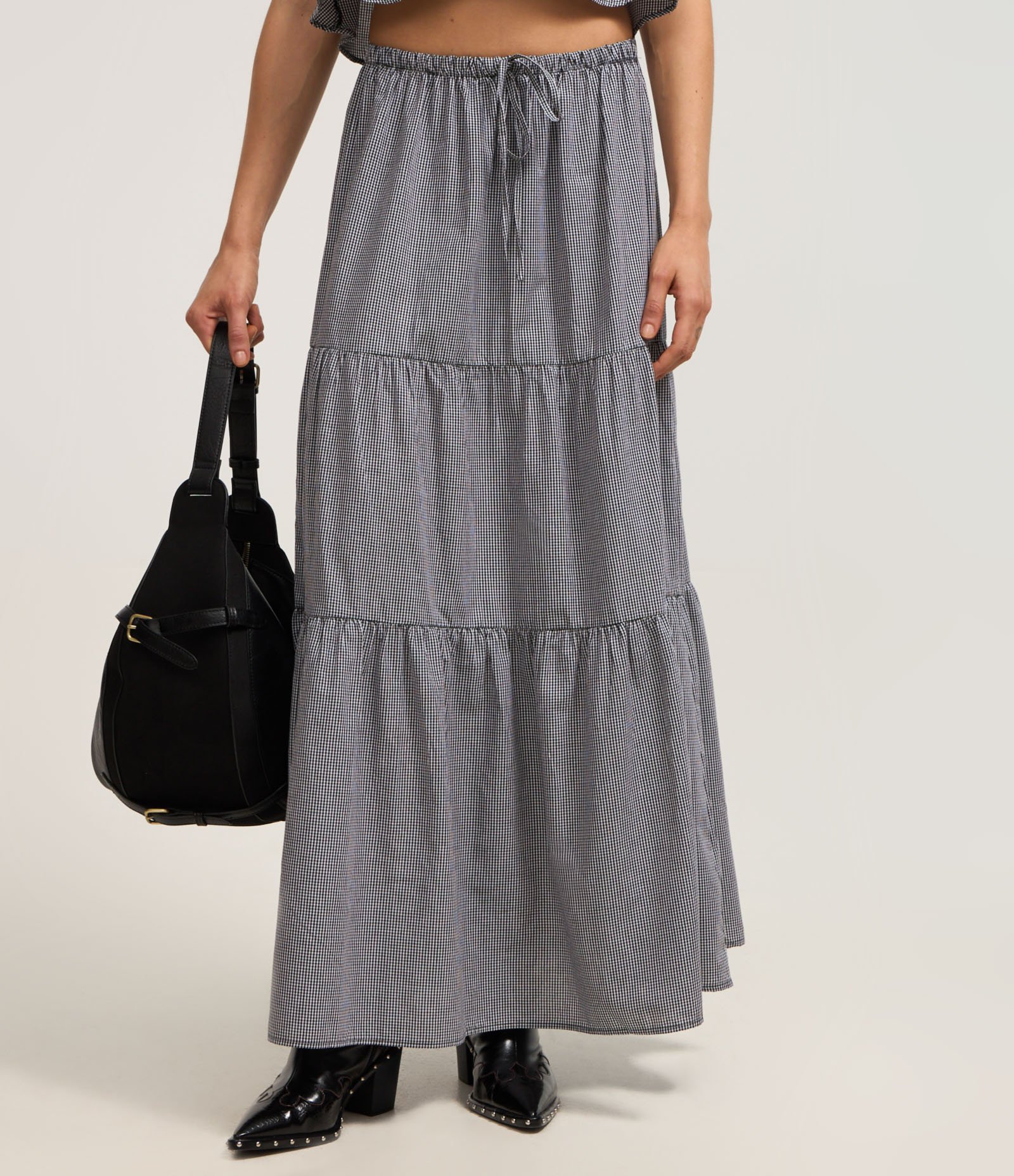 Saia Midi em Tricoline Estampado com Estampa Xadrez Vichy Preto/ Branco 3