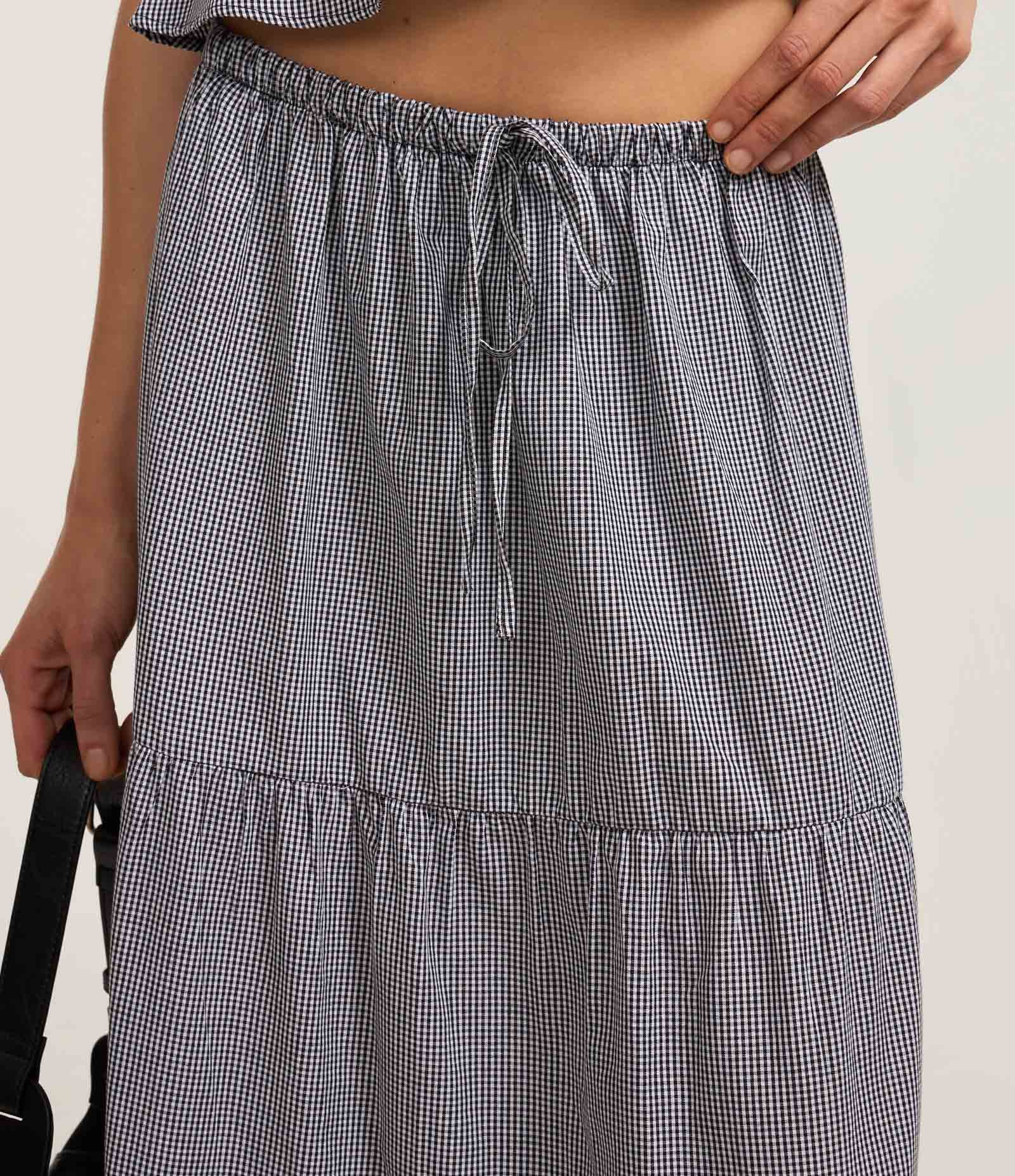 Saia Midi em Tricoline Estampado com Estampa Xadrez Vichy Preto/ Branco 4