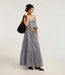 Saia Midi em Tricoline Estampado com Estampa Xadrez Vichy