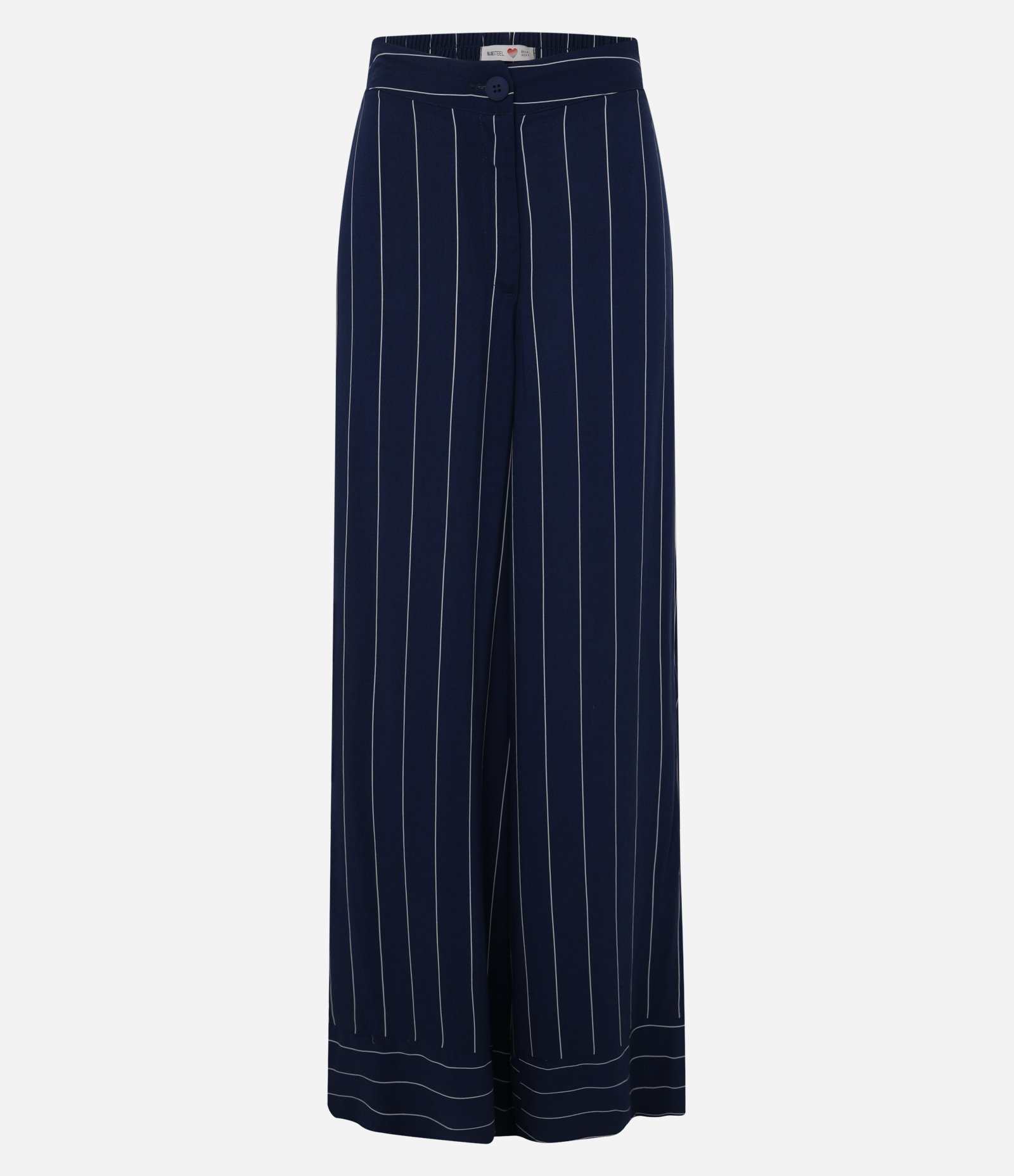 Calça Reta de Cintura Alta com Listras e Barra Larga Azul Marinho 5