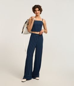 Calça Reta de Cintura Alta com Listras e Barra Larga