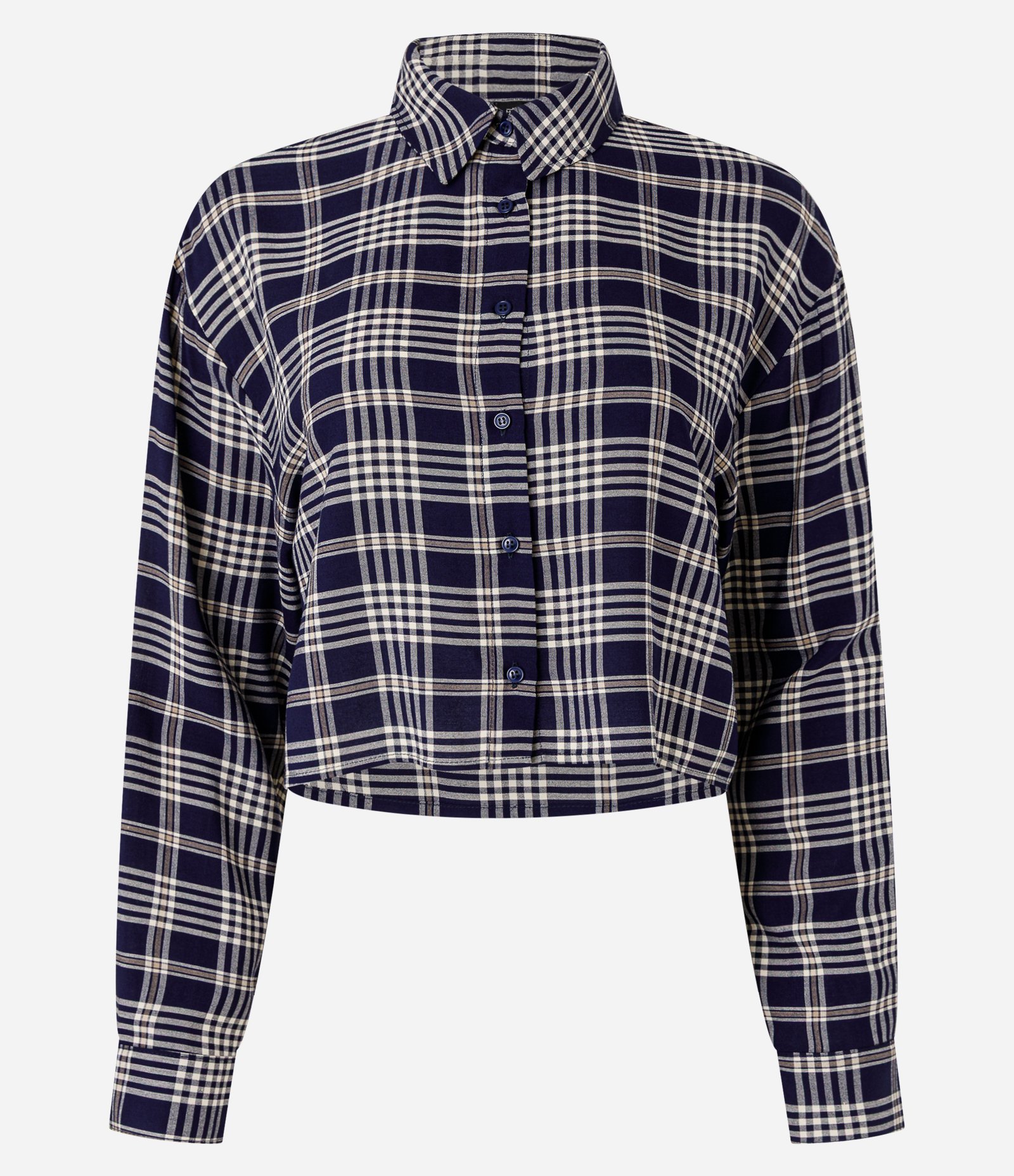 Camisa Cropped em Chalis com Estampa Xadrez Azul 5