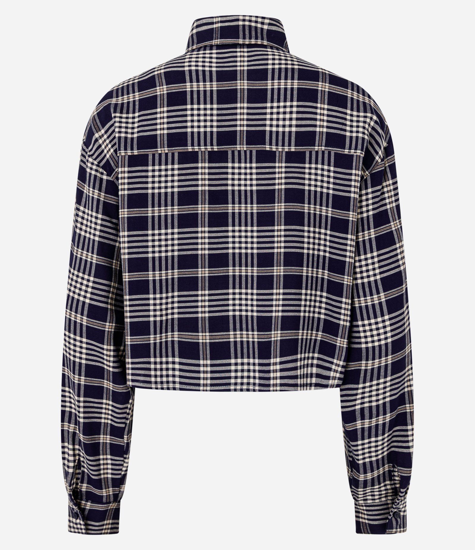 Camisa Cropped em Chalis com Estampa Xadrez Azul 6