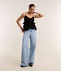 Calça Wide Leg em Jeans Marmorizada com Cintura Alta